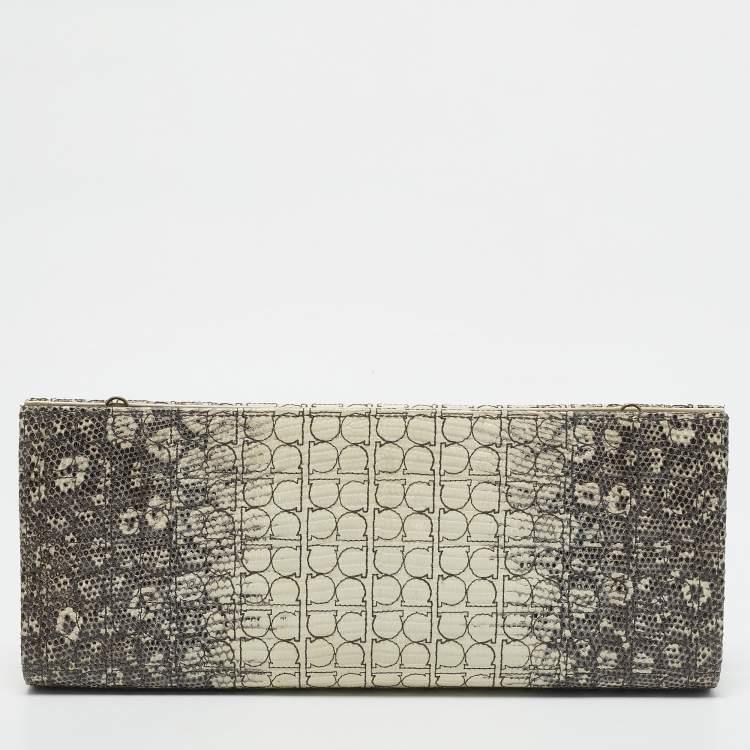 Pre Owned Salvatore Ferragamo Cream/Beige Lizard Gancini Chain Clutch