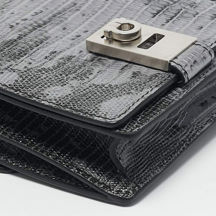Pre Owned Salvatore Ferragamo Lilac/Black Lizard Embossed Leather Multi Pocket Flap Crossbody Bag