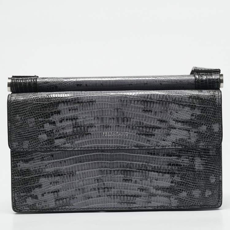 Pre Owned Salvatore Ferragamo Lilac/Black Lizard Embossed Leather Multi Pocket Flap Crossbody Bag