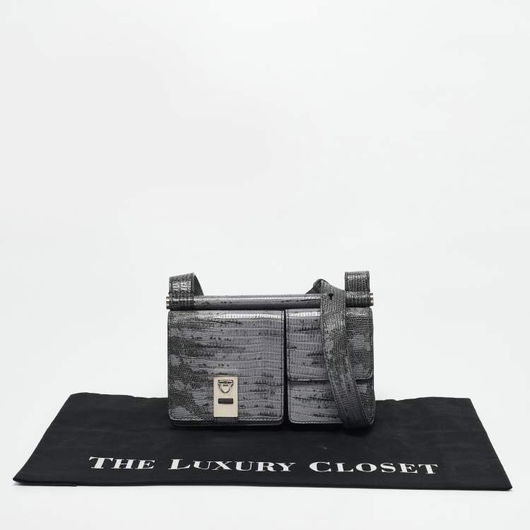 Pre Owned Salvatore Ferragamo Lilac/Black Lizard Embossed Leather Multi Pocket Flap Crossbody Bag