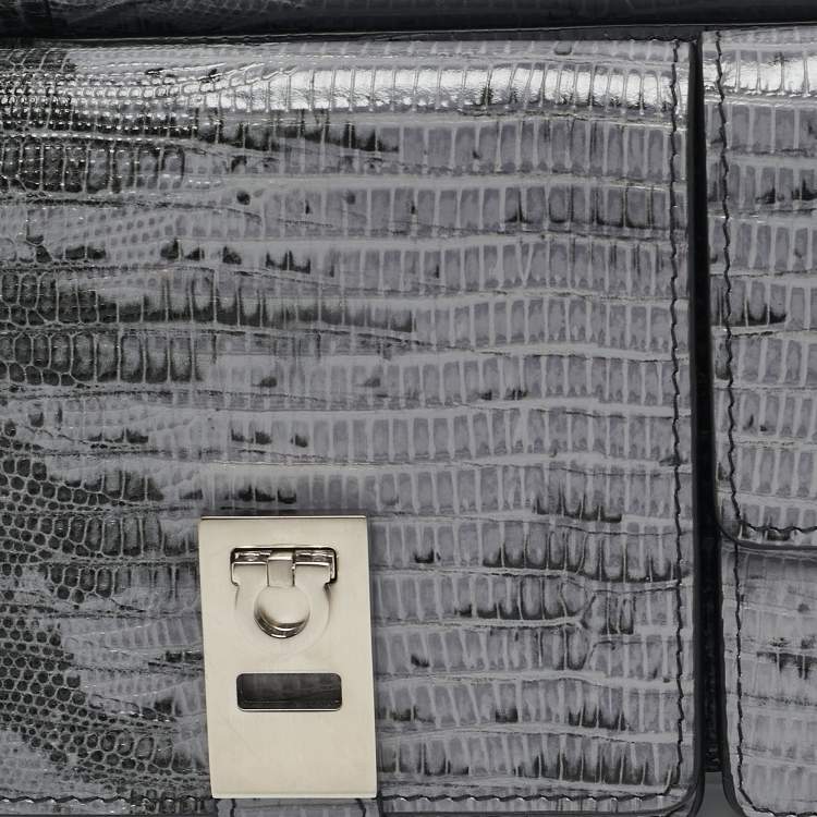 Pre Owned Salvatore Ferragamo Lilac/Black Lizard Embossed Leather Multi Pocket Flap Crossbody Bag