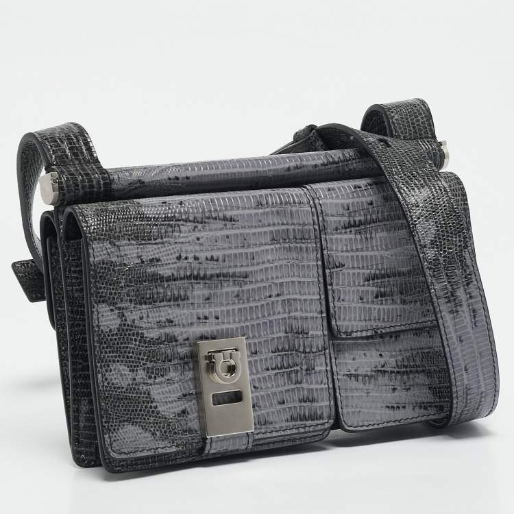 Pre Owned Salvatore Ferragamo Lilac/Black Lizard Embossed Leather Multi Pocket Flap Crossbody Bag
