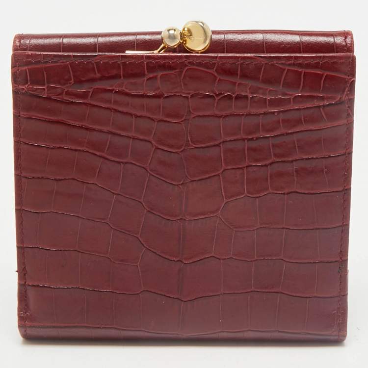 Pre Owned Salvatore Ferragamo Red Croc Embossed Leather Vara Bow French Wallet