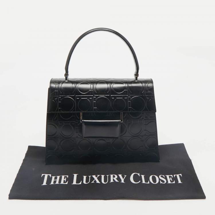 Pre Owned Salvatore Ferragamo Black Embossed Leather Gancini Top Handle Bag