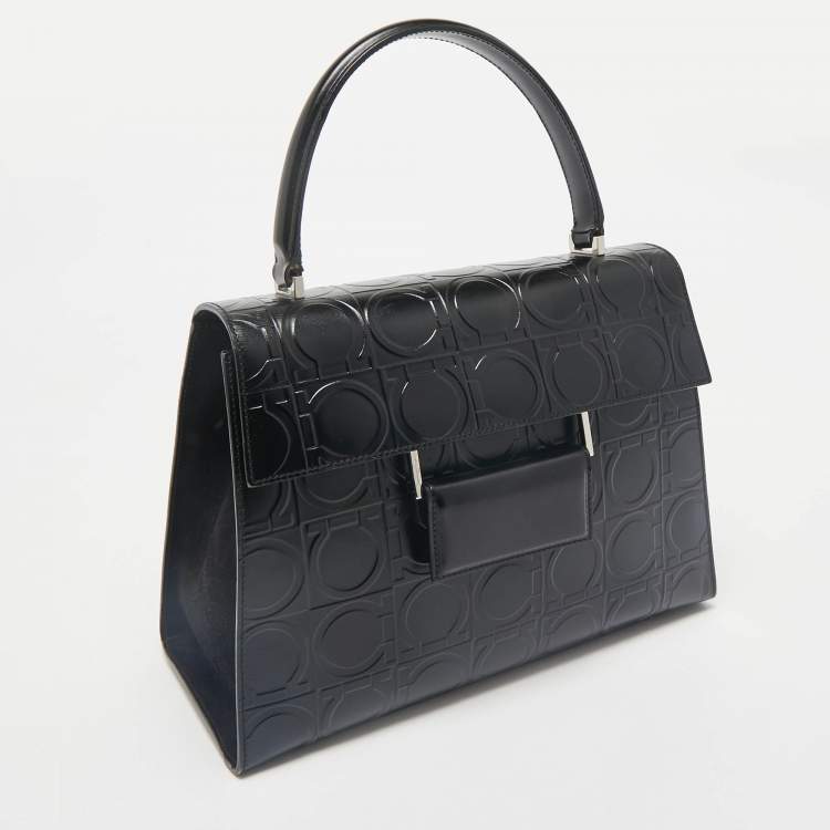 Pre Owned Salvatore Ferragamo Black Embossed Leather Gancini Top Handle Bag