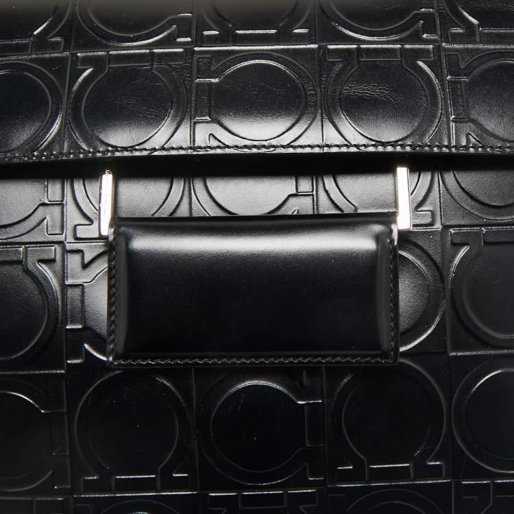 Pre Owned Salvatore Ferragamo Black Embossed Leather Gancini Top Handle Bag