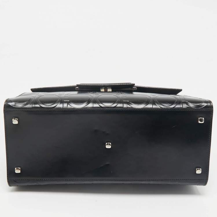 Pre Owned Salvatore Ferragamo Black Embossed Leather Gancini Top Handle Bag