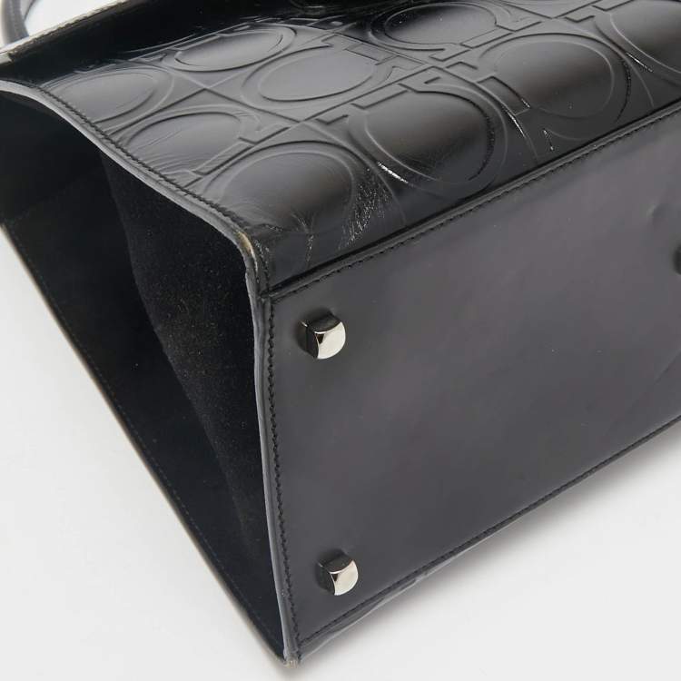 Pre Owned Salvatore Ferragamo Black Embossed Leather Gancini Top Handle Bag