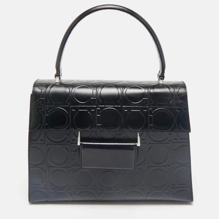 Pre Owned Salvatore Ferragamo Black Embossed Leather Gancini Top Handle Bag