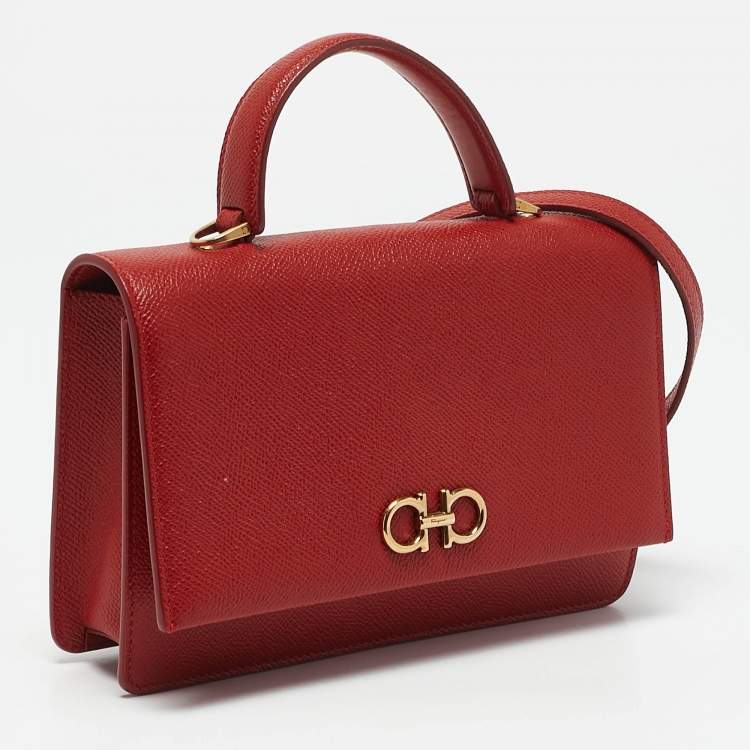 Pre Owned Salvatore Ferragamo Red Leather Mini Gancini Top Handle Bag