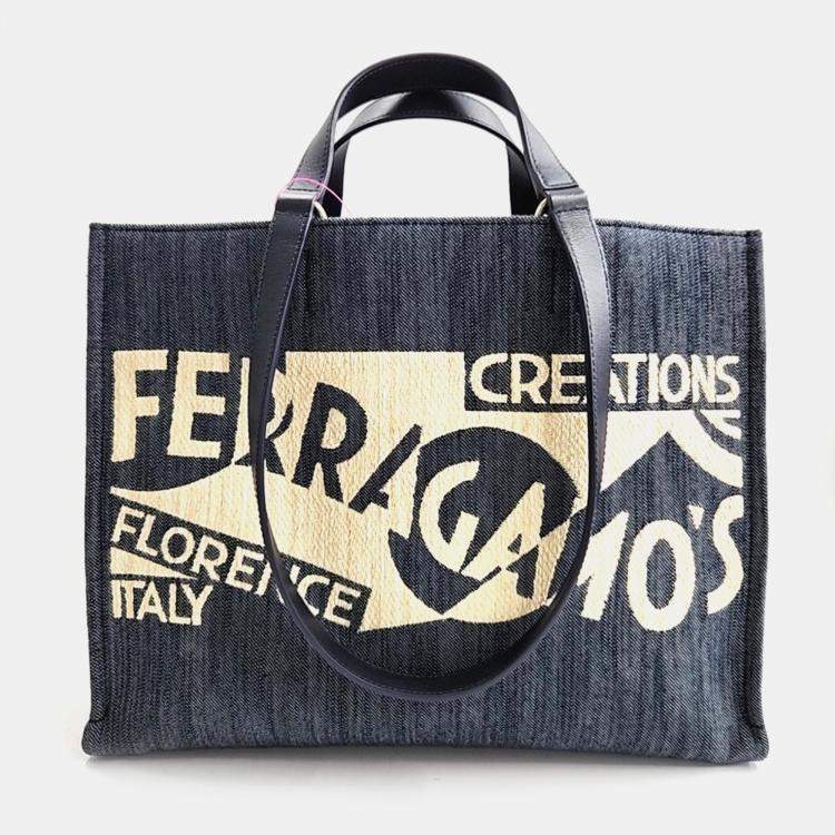 Pre Owned Salvatore Ferragamo Navy Blue Denim denim logo tote and shoulder bag large