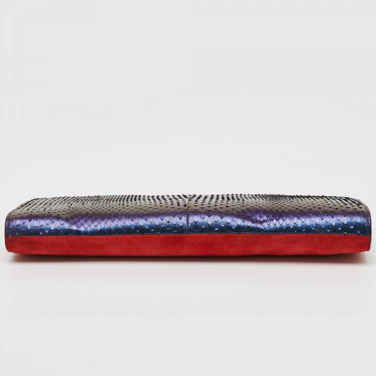 Pre Owned Salvatore Ferragamo Red/Iridescent Blue Suede and Python Leather Clutch