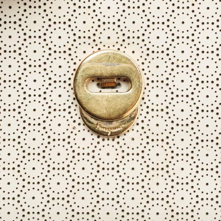 Pre Owned Salvatore Ferragamo White Perforated Leather Mini Vara Ginny Shoulder Bag