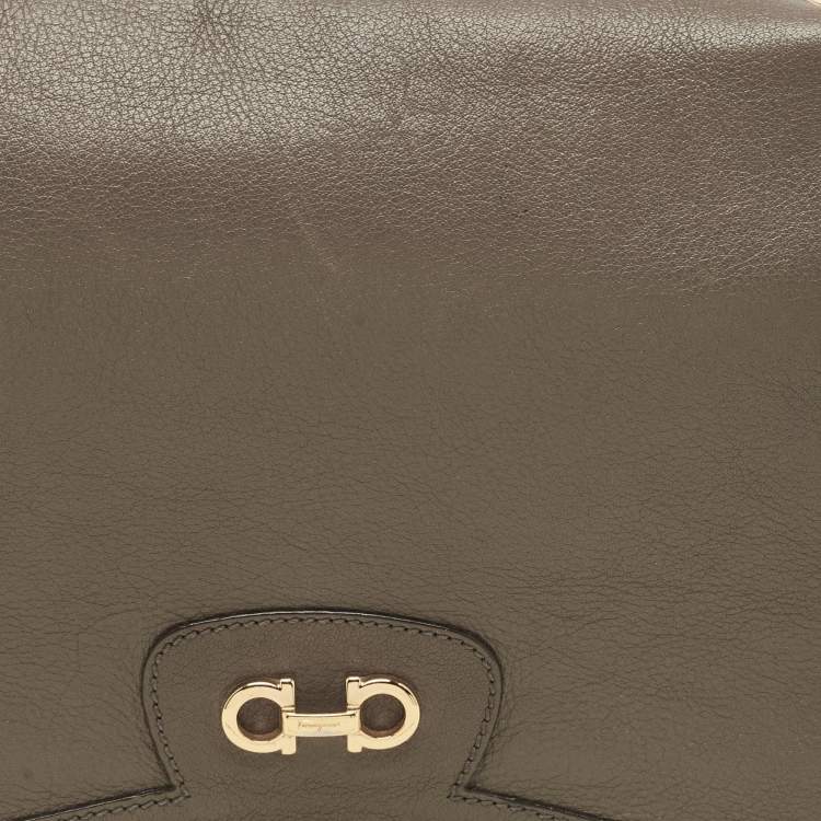 Pre Owned Salvatore Ferragamo Dark Beige Leather Gancini Flap Shoulder Bag