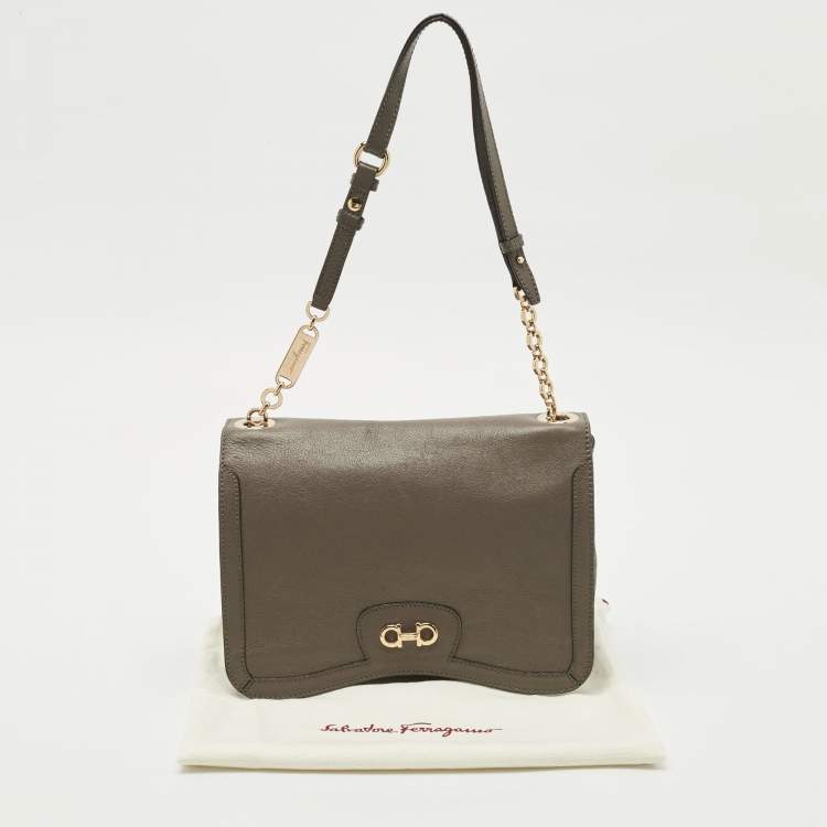 Pre Owned Salvatore Ferragamo Dark Beige Leather Gancini Flap Shoulder Bag