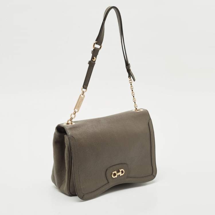 Pre Owned Salvatore Ferragamo Dark Beige Leather Gancini Flap Shoulder Bag