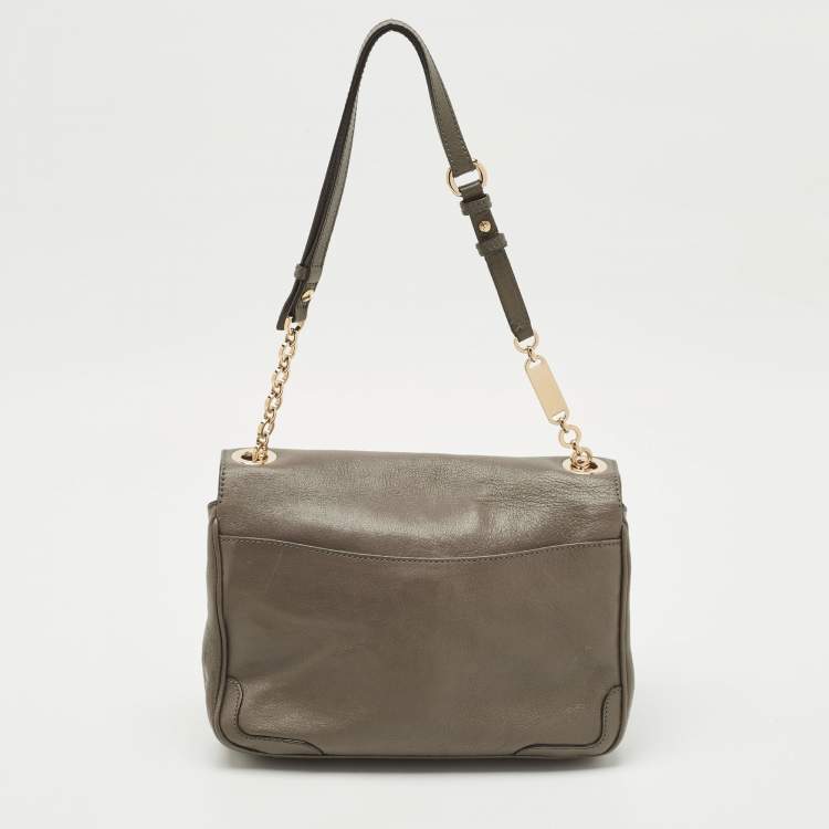 Pre Owned Salvatore Ferragamo Dark Beige Leather Gancini Flap Shoulder Bag