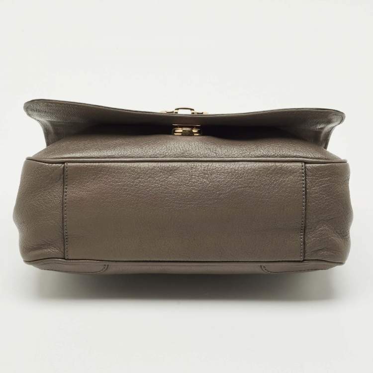 Pre Owned Salvatore Ferragamo Dark Beige Leather Gancini Flap Shoulder Bag
