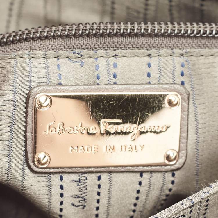 Pre Owned Salvatore Ferragamo Dark Beige Leather Gancini Flap Shoulder Bag