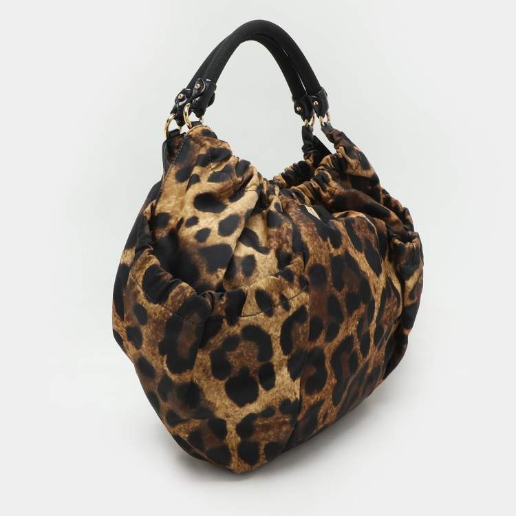 Pre Owned Salvatore Ferragamo Brown Leopard Print Nylon Vara Bow Hobo