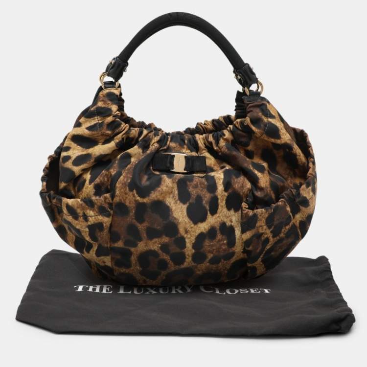 Pre Owned Salvatore Ferragamo Brown Leopard Print Nylon Vara Bow Hobo