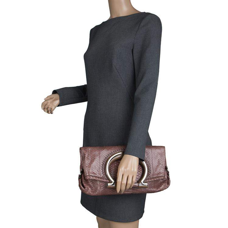 Pre Owned Salvatore Ferragamo Dark Beige Python Foldover Clutch