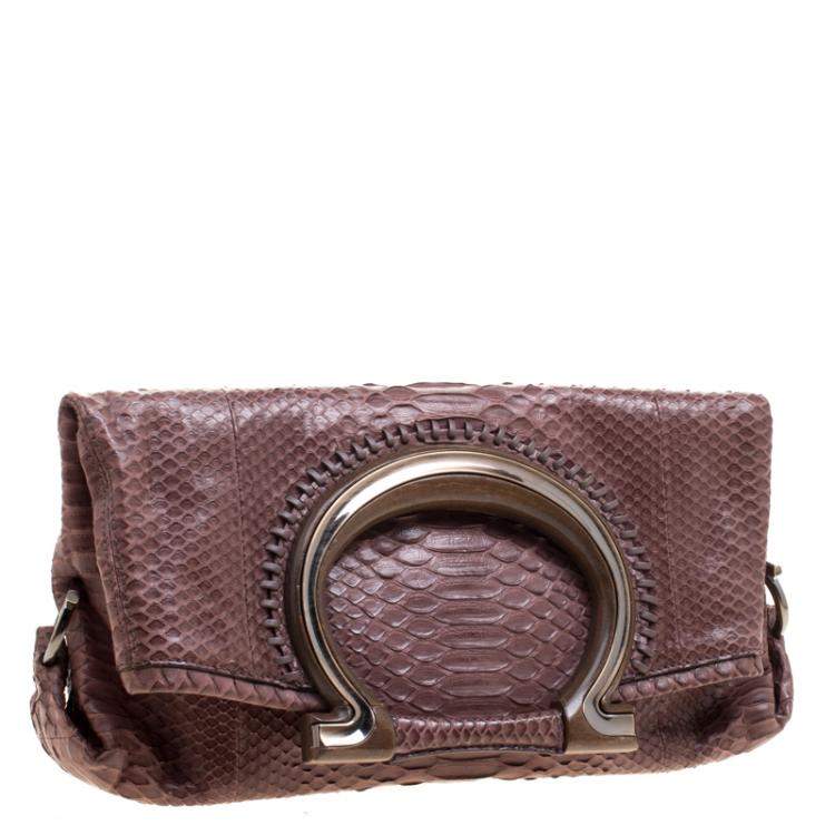 Pre Owned Salvatore Ferragamo Dark Beige Python Foldover Clutch
