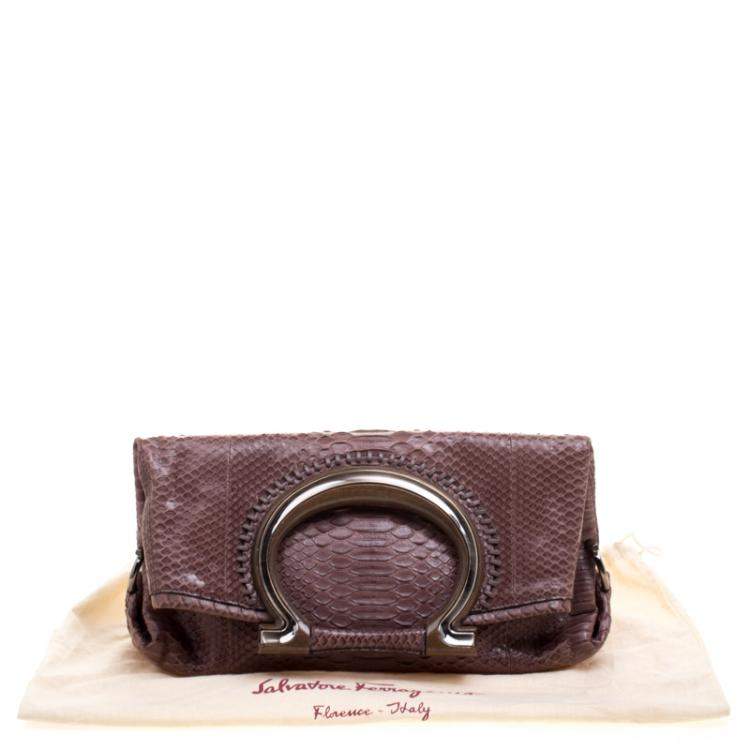 Pre Owned Salvatore Ferragamo Dark Beige Python Foldover Clutch