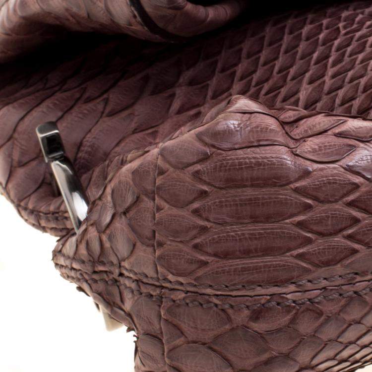 Pre Owned Salvatore Ferragamo Dark Beige Python Foldover Clutch