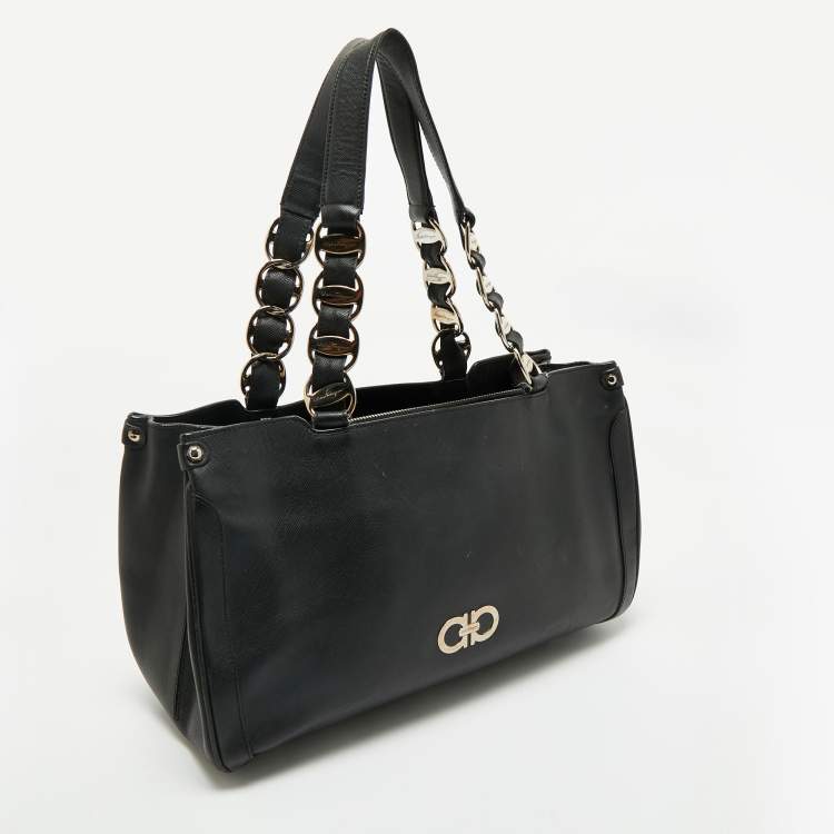 Pre Owned Salvatore Ferragamo Black Leather Chain Tote