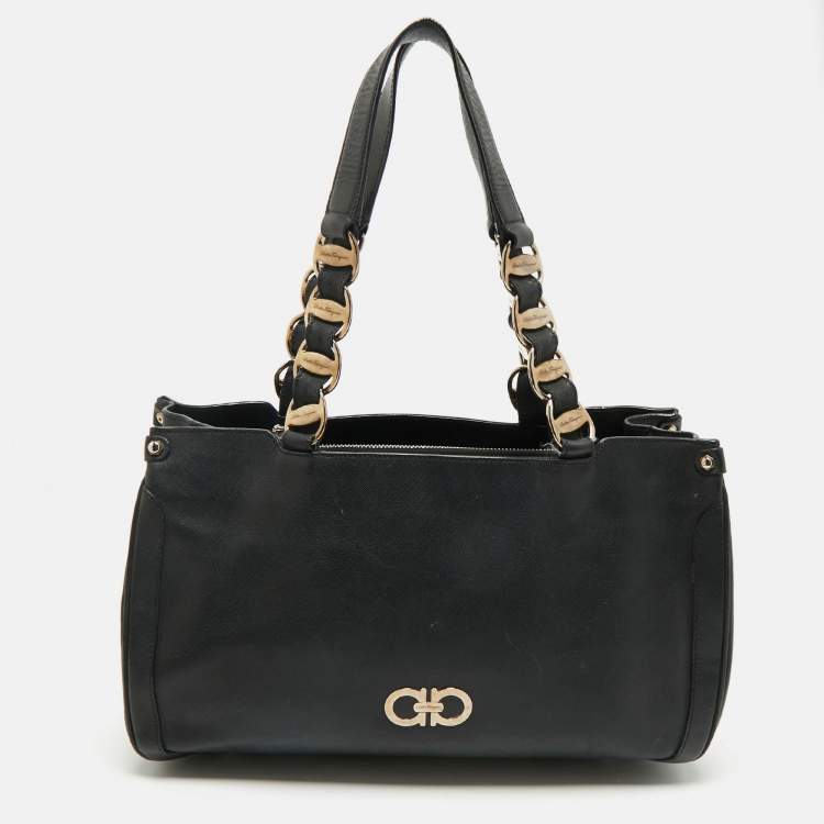 Pre Owned Salvatore Ferragamo Black Leather Chain Tote