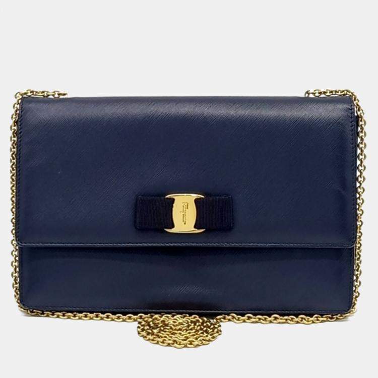Pre Owned Salvatore Ferragamo Navy Blue Leather Genie Crossbody Bag
