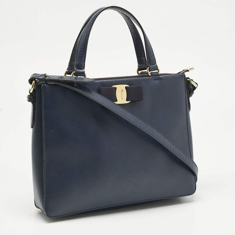 Pre Owned Salvatore Ferragamo Navy Blue Leather Vara Bow Tote