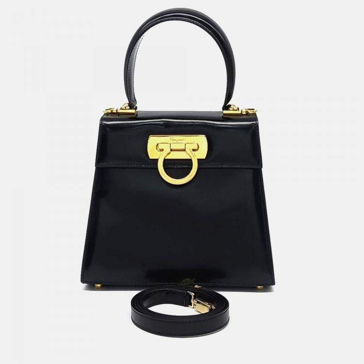 Pre Owned Salvatore Ferragamo Black Leather Kelly Bag Small