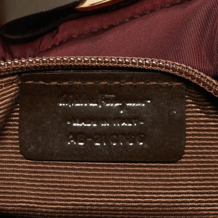 Pre Owned Salvatore Ferragamo Burgundy/Brown Nylon and Patent Leather Vara Bow Hobo