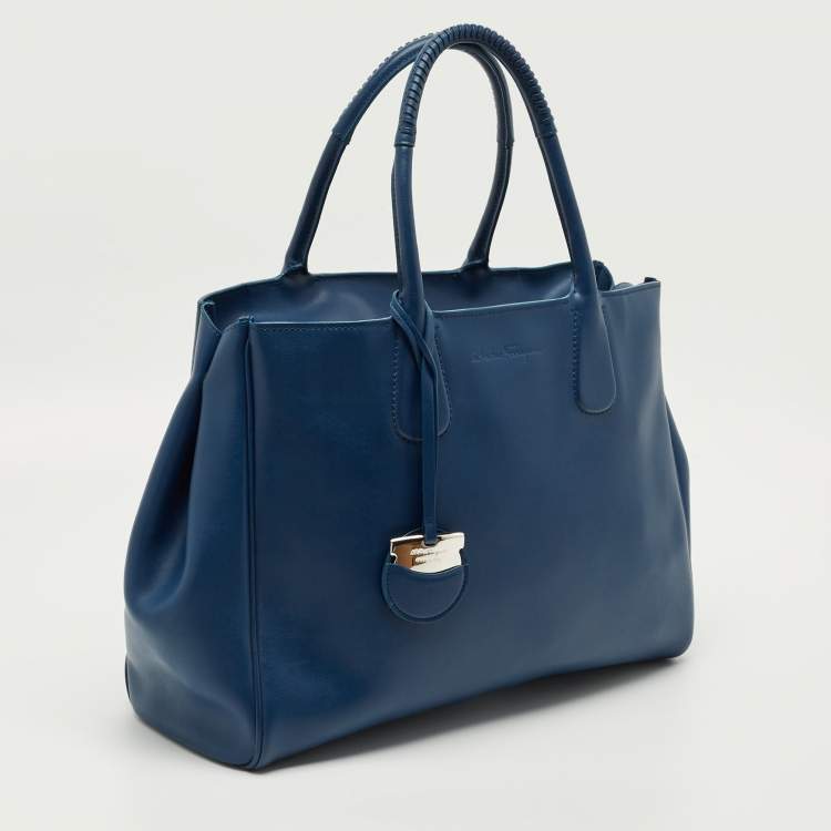 Pre Owned Salvatore Ferragamo Navy Blue Leather Nolita Tote