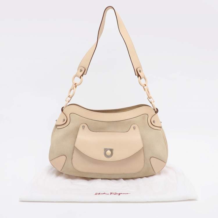 Pre Owned Salvatore Ferragamo Beige Leather and Suede Gancini Shoulder Bag