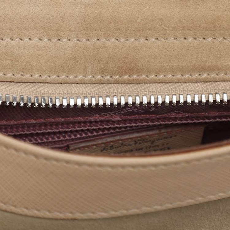 Pre Owned Salvatore Ferragamo Beige Leather and Suede Gancini Shoulder Bag