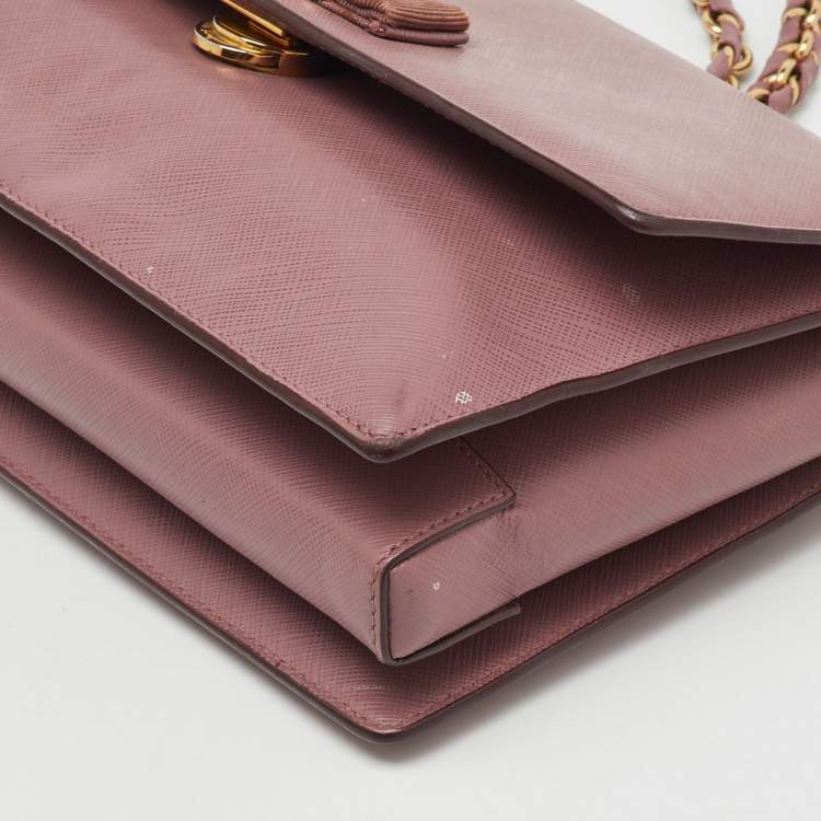 Pre Owned Salvatore Ferragamo Pink Saffiano Leather Vara Bow Chain Flap Shoulder Bag