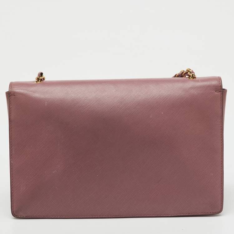 Pre Owned Salvatore Ferragamo Pink Saffiano Leather Vara Bow Chain Flap Shoulder Bag