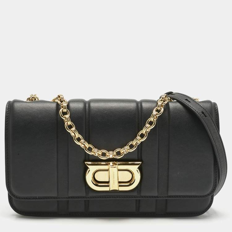 Pre Owned Salvatore Ferragamo Black Embossed Leather Gancini Shoulder Bag