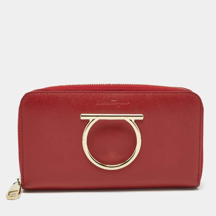 Pre Owned Salvatore Ferragamo Red Leather Gancini Zip Around Long Wallet