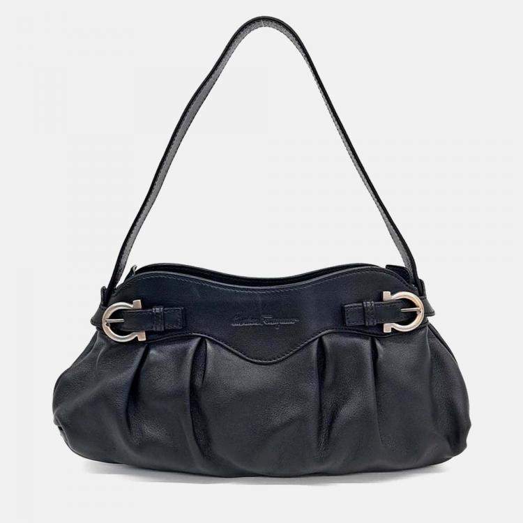 Pre Owned Salvatore Ferragamo Black Leather Bronze Shoulder Bag