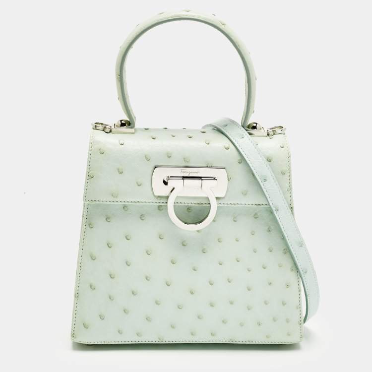 Pre Owned Salvatore Ferragamo Ghiacciaio Blue Aura Ostrich Small Iconic Top Handle Bag 