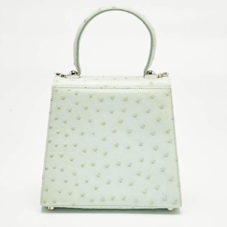 Pre Owned Salvatore Ferragamo Ghiacciaio Blue Aura Ostrich Small Iconic Top Handle Bag 