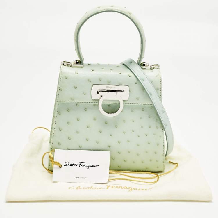 Pre Owned Salvatore Ferragamo Ghiacciaio Blue Aura Ostrich Small Iconic Top Handle Bag 