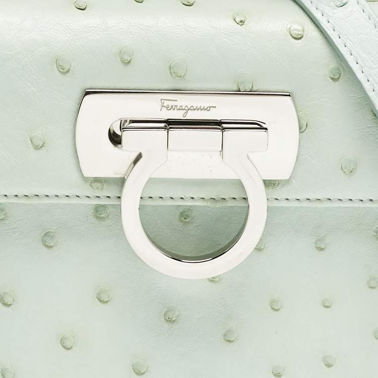 Pre Owned Salvatore Ferragamo Ghiacciaio Blue Aura Ostrich Small Iconic Top Handle Bag 