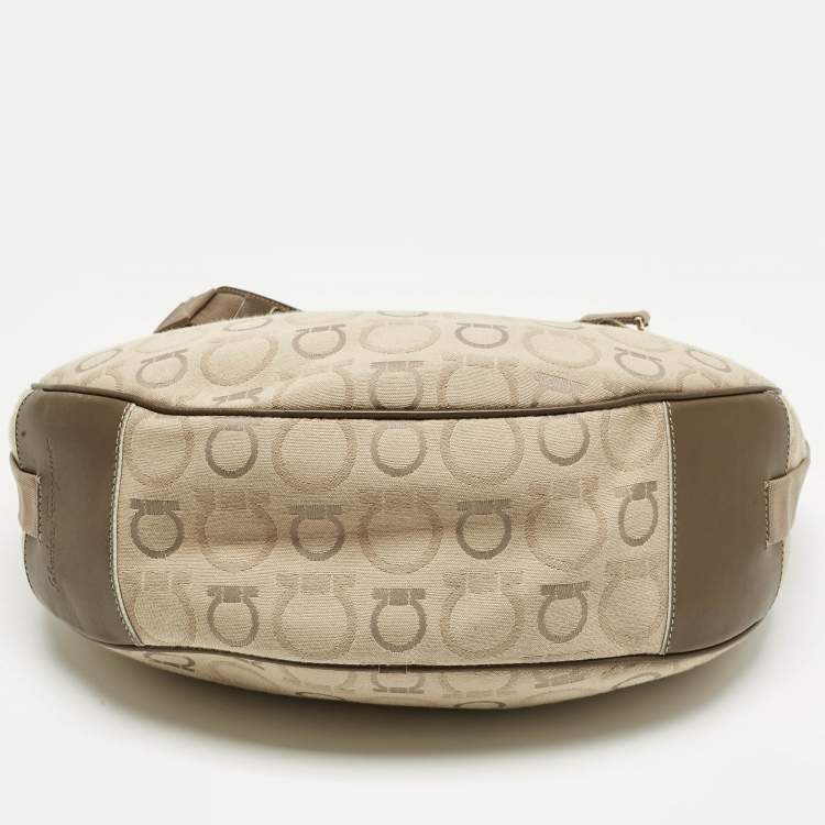 Pre Owned Salvatore Ferragamo Beige Gancini Printed Fabric and Leather Hobo