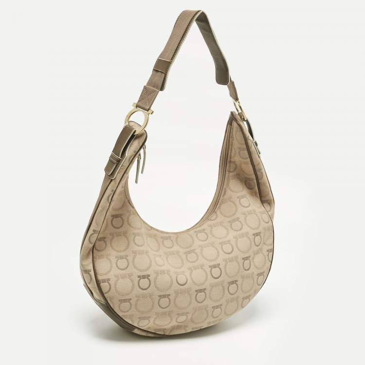 Pre Owned Salvatore Ferragamo Beige Gancini Printed Fabric and Leather Hobo