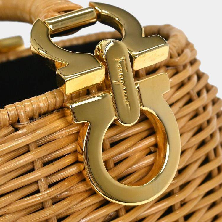 Pre Owned Salvatore Ferragamo Beige Rattan Gancini Basket Handbag